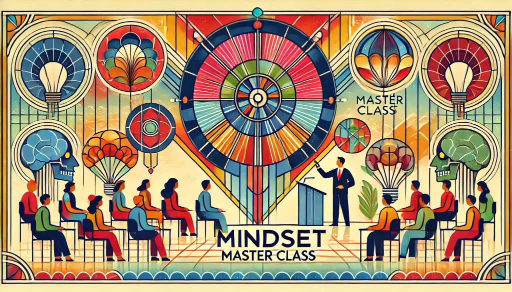 Das Bild ist das Banner der Mindset Master Class Community auf skool. Es zeigt einen Hörsaal mit Studenten und einem Lehrer. Das Bild ist im Art Déco.