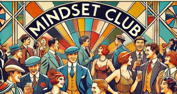 Banner des Mindset Clubs. Das Bild ist im Art Déco mit geometrischen bunten Formen, Menschen im feiner Kleidung und oben zentriert in einem Viertekkreis: 'Mindset Club'.